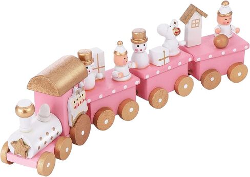 Wooden Christmas Train Toy Mini Wooden Train Pink Train Toy with Snowman Christmas Train Ornament Xmas Table Adornment 4 Section Christmas Train Set Train Model for Kids in Saudi Arabia