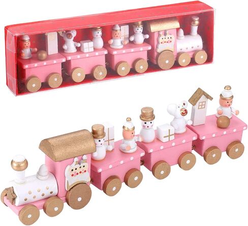 Wooden Christmas Train Toy Mini Wooden Train Pink Train Toy with Snowman Christmas Train Ornament Xmas Table Adornment 4 Section Christmas Train Set Train Model for Kids in Saudi Arabia