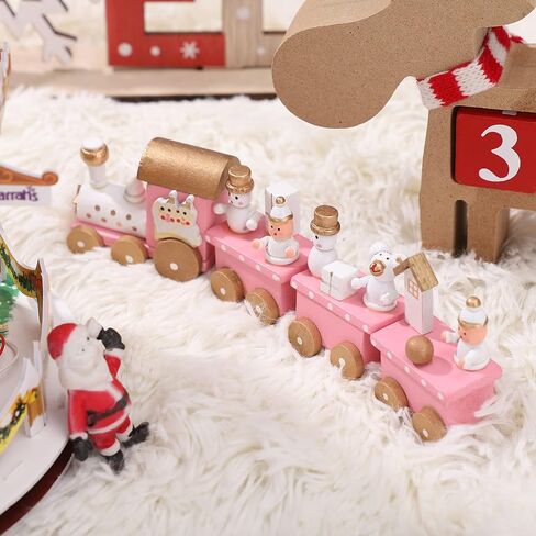 Wooden Christmas Train Toy Mini Wooden Train Pink Train Toy with Snowman Christmas Train Ornament Xmas Table Adornment 4 Section Christmas Train Set Train Model for Kids in Saudi Arabia