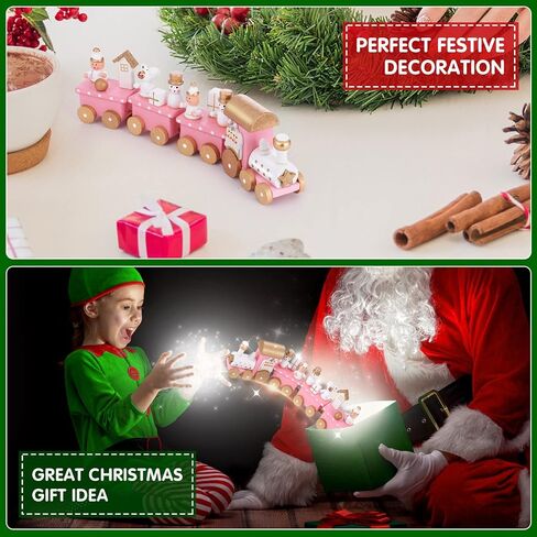Wooden Christmas Train Toy Mini Wooden Train Pink Train Toy with Snowman Christmas Train Ornament Xmas Table Adornment 4 Section Christmas Train Set Train Model for Kids in Saudi Arabia