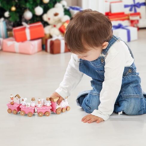 Wooden Christmas Train Toy Mini Wooden Train Pink Train Toy with Snowman Christmas Train Ornament Xmas Table Adornment 4 Section Christmas Train Set Train Model for Kids in Saudi Arabia