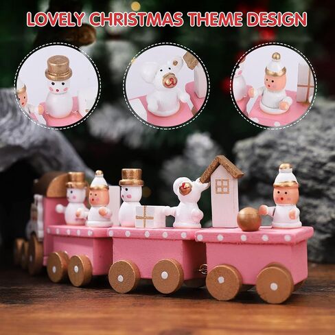 Wooden Christmas Train Toy Mini Wooden Train Pink Train Toy with Snowman Christmas Train Ornament Xmas Table Adornment 4 Section Christmas Train Set Train Model for Kids in Saudi Arabia