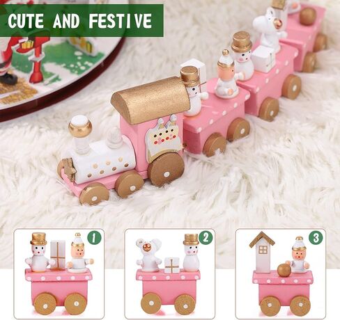 Wooden Christmas Train Toy Mini Wooden Train Pink Train Toy with Snowman Christmas Train Ornament Xmas Table Adornment 4 Section Christmas Train Set Train Model for Kids in Saudi Arabia
