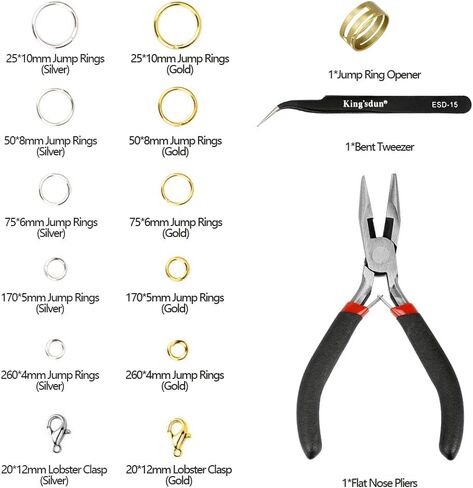 Kingsdun 1200Pcs Jump Rings for Jewelry Making with Lobster Clasps & Needle Nose Pliers, Jump Ring Opener and Tweezers, Jewelry Findings Tool Kit for Making Supplies and Necklace Repair in Kuwait