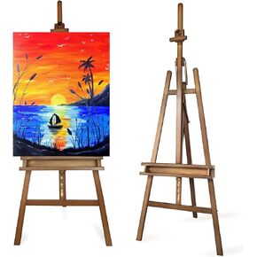 Large A-Frame Basic Studio Easel - Adjustable Solid Beech Wood Artist Easel with Brush Storage Tray, Floor Wooden Easel Stand for Painting Canvas, Brown