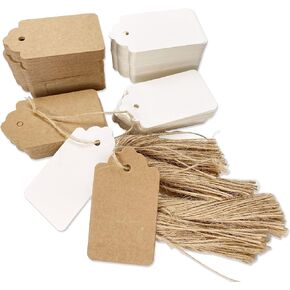 200pcs Paper Tags, White & Brown Gift Tags with Jute Twine for Arts and Crafts Gifts, Thanksgiving Christmas ect