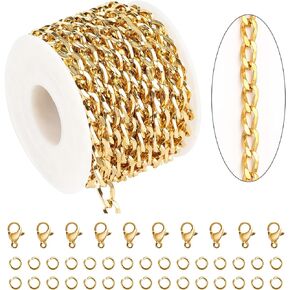 KYUNHOO 16.4 Feet/5M Unwelded Curb Chain Links Gold Plated 304 Stainless Steel Jewelry Chains for Men Cuban Chain Bulk Necklace Bracelet DIY Supplies with Jump Rings and Lobster Clasps