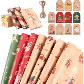 11 قطعة من ورق تغليف عيد الميلاد من Cabilock مع 11 قطعة من العلامات و5 م خيط من الجوت بني ريفي مجموعة عناصر ورق كرافت عيد الميلاد لتغليف الهدايا (19.6 × 27.5 بوصة) in Kuwait