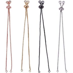 SUNNYCLUE 1 Box 8Pcs 4 Colors Brass Slider Chain 9" Adjustable Slider Chain Bracelet Round Box Chain Slider Extender Chains with Rhinestone Ball Ends for Women, Long-Lasting Plated &