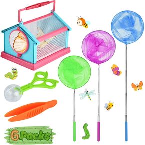 Kids Telescopic Butterfly Nets Bugs Fish Insect Fishing Net Perfect Outdoor Tools for Catching,7 Pack Anti Slip Grip Fishing Nets Foldable Bucket and Water Guns Summer Set