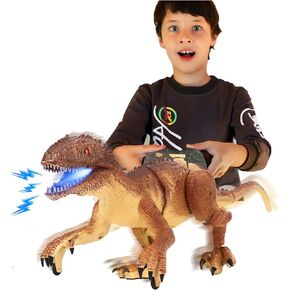 لعبة ديناصور للتحكم عن بعد من TQQFUN، لعبة دينو كبيرة الحجم، ألعاب ديناصور المشي الكهربائية للأطفال، روبوت فيلوسيرابتور واقعي بتردد 2.4 جيجا هرتز مع صوت هدير وإضاءة للأطفال (بني) in Kuwait
