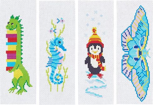 GORGECRAFT 4 Sets 4 Styles Cross Stitch Bookmark Kits DIY Embroidery Bookmark Easy Stamped Embroidery Bookmark for Beginners Youth Adults Sea Horse Penguin Dinosaur Butterfly Patterns in Saudi Arabia