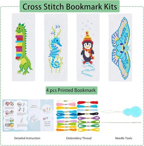 GORGECRAFT 4 Sets 4 Styles Cross Stitch Bookmark Kits DIY Embroidery Bookmark Easy Stamped Embroidery Bookmark for Beginners Youth Adults Sea Horse Penguin Dinosaur Butterfly Patterns in Saudi Arabia