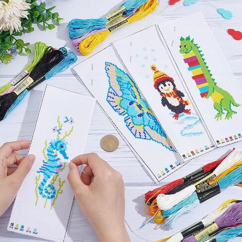 GORGECRAFT 4 Sets 4 Styles Cross Stitch Bookmark Kits DIY Embroidery Bookmark Easy Stamped Embroidery Bookmark for Beginners Youth Adults Sea Horse Penguin Dinosaur Butterfly Patterns in Saudi Arabia