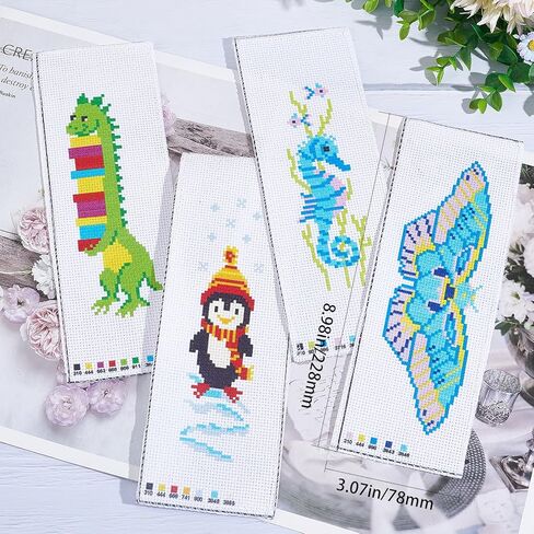 GORGECRAFT 4 Sets 4 Styles Cross Stitch Bookmark Kits DIY Embroidery Bookmark Easy Stamped Embroidery Bookmark for Beginners Youth Adults Sea Horse Penguin Dinosaur Butterfly Patterns in Saudi Arabia