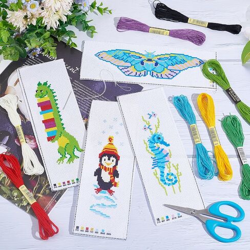 GORGECRAFT 4 Sets 4 Styles Cross Stitch Bookmark Kits DIY Embroidery Bookmark Easy Stamped Embroidery Bookmark for Beginners Youth Adults Sea Horse Penguin Dinosaur Butterfly Patterns in Saudi Arabia