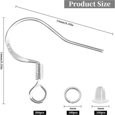 200 PCS/100 Pairs 14K Gold Tone Earring Hooks Hypoallergenic 925 Sterling Silver Plated Ear Wires Fish Hooks with 100 PCS Silicone Earring Backs and Jump Rings Earring Finding for DIY Jewelry Making in Saudi Arabia
