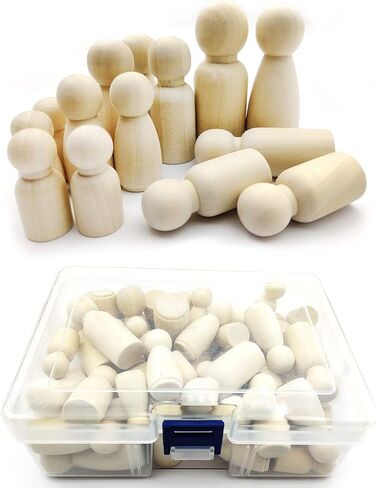 50 Pcs Wooden Peg Dolls, Unfinished Wooden People, Wooden Peg People, Unpainted Blank Natural Wood Doll Bodies Assorted for DIY Arts and Crafts, with Storage Case in Kuwait