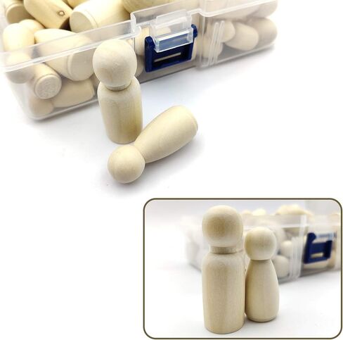 50 Pcs Wooden Peg Dolls, Unfinished Wooden People, Wooden Peg People, Unpainted Blank Natural Wood Doll Bodies Assorted for DIY Arts and Crafts, with Storage Case in Kuwait
