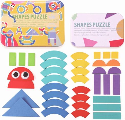 Ahyuan Wooden Pattern Blocks Geometric Animal Shapes Puzzles Guide Cards Brain Teaser Toys for Children Best STEM Educational Montessori Tangram Toys (Style A) in Kuwait