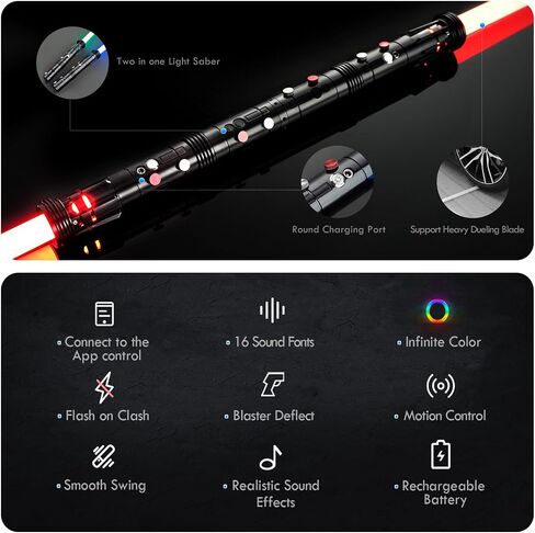 DAMIENSABER ترقية RGB3.0 شفرات مزدوجة ناعمة متأرجحة خفيفة، سيف مبارزة للتحكم في الحركة 16 خطًا صوتيًا خفيفًا مع لون لا نهائي و16 لونًا صلبًا، مقبض معدني للبالغين in Kuwait