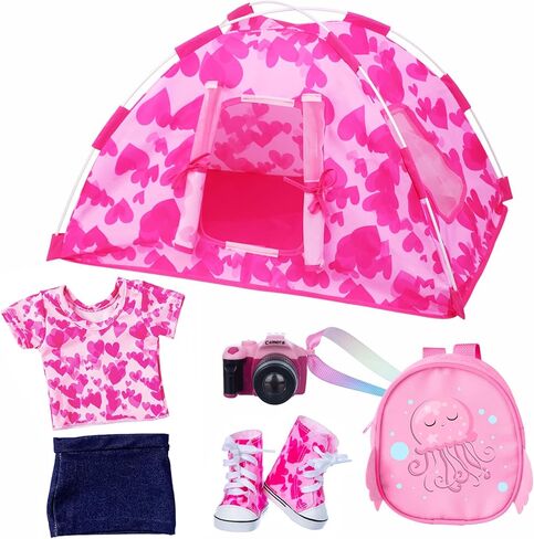 مجموعة خيمة تخييم الدمية مقاس 18 بوصة من Ecore Fun وملحقاتها، بما في ذلك خيمة الدمية مقاس 18 بوصة وحقيبة ظهر الدمية وكاميرا الألعاب وملابس الدمى وأحذية الدمى التي تناسب حياتي والجيل والرحلة مقاس 18 بوصة in Kuwait
