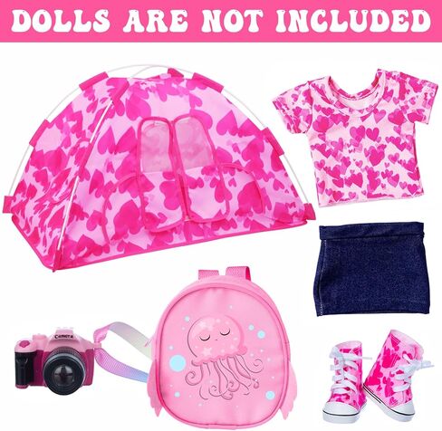 مجموعة خيمة تخييم الدمية مقاس 18 بوصة من Ecore Fun وملحقاتها، بما في ذلك خيمة الدمية مقاس 18 بوصة وحقيبة ظهر الدمية وكاميرا الألعاب وملابس الدمى وأحذية الدمى التي تناسب حياتي والجيل والرحلة مقاس 18 بوصة in Kuwait