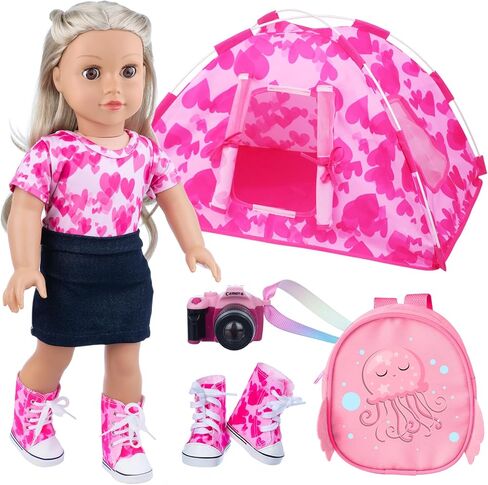 مجموعة خيمة تخييم الدمية مقاس 18 بوصة من Ecore Fun وملحقاتها، بما في ذلك خيمة الدمية مقاس 18 بوصة وحقيبة ظهر الدمية وكاميرا الألعاب وملابس الدمى وأحذية الدمى التي تناسب حياتي والجيل والرحلة مقاس 18 بوصة in Kuwait