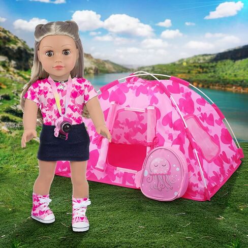 مجموعة خيمة تخييم الدمية مقاس 18 بوصة من Ecore Fun وملحقاتها، بما في ذلك خيمة الدمية مقاس 18 بوصة وحقيبة ظهر الدمية وكاميرا الألعاب وملابس الدمى وأحذية الدمى التي تناسب حياتي والجيل والرحلة مقاس 18 بوصة in Kuwait