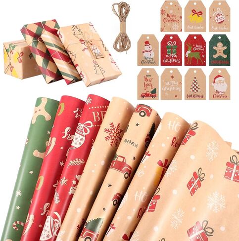 11 قطعة من ورق تغليف عيد الميلاد من Cabilock مع 11 قطعة من العلامات و5 م خيط من الجوت بني ريفي مجموعة عناصر ورق كرافت عيد الميلاد لتغليف الهدايا (19.6 × 27.5 بوصة) in Kuwait