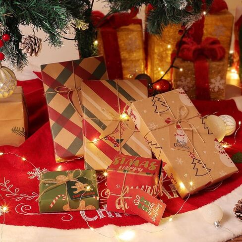 11 قطعة من ورق تغليف عيد الميلاد من Cabilock مع 11 قطعة من العلامات و5 م خيط من الجوت بني ريفي مجموعة عناصر ورق كرافت عيد الميلاد لتغليف الهدايا (19.6 × 27.5 بوصة) in Kuwait