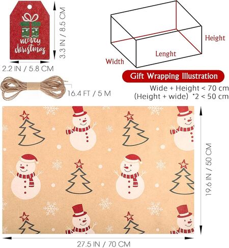 11 قطعة من ورق تغليف عيد الميلاد من Cabilock مع 11 قطعة من العلامات و5 م خيط من الجوت بني ريفي مجموعة عناصر ورق كرافت عيد الميلاد لتغليف الهدايا (19.6 × 27.5 بوصة) in Kuwait