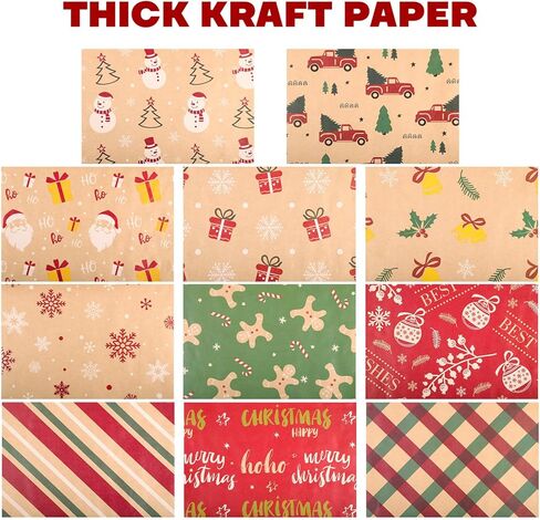 11 قطعة من ورق تغليف عيد الميلاد من Cabilock مع 11 قطعة من العلامات و5 م خيط من الجوت بني ريفي مجموعة عناصر ورق كرافت عيد الميلاد لتغليف الهدايا (19.6 × 27.5 بوصة) in Kuwait