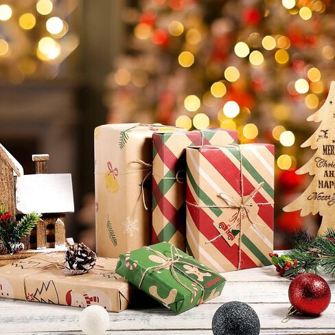 11 قطعة من ورق تغليف عيد الميلاد من Cabilock مع 11 قطعة من العلامات و5 م خيط من الجوت بني ريفي مجموعة عناصر ورق كرافت عيد الميلاد لتغليف الهدايا (19.6 × 27.5 بوصة) in Kuwait