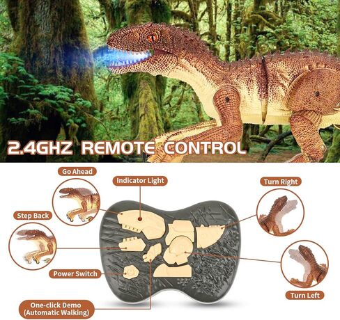 لعبة ديناصور للتحكم عن بعد من TQQFUN، لعبة دينو كبيرة الحجم، ألعاب ديناصور المشي الكهربائية للأطفال، روبوت فيلوسيرابتور واقعي بتردد 2.4 جيجا هرتز مع صوت هدير وإضاءة للأطفال (بني) in Kuwait