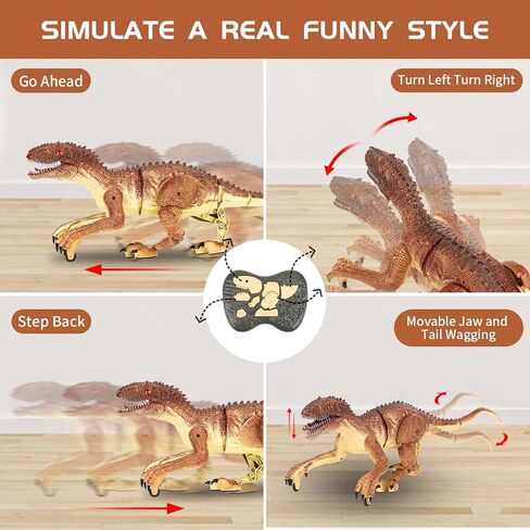 لعبة ديناصور للتحكم عن بعد من TQQFUN، لعبة دينو كبيرة الحجم، ألعاب ديناصور المشي الكهربائية للأطفال، روبوت فيلوسيرابتور واقعي بتردد 2.4 جيجا هرتز مع صوت هدير وإضاءة للأطفال (بني) in Kuwait
