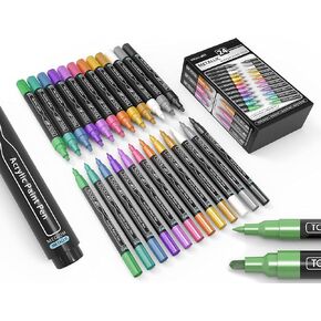 Acrylic Paint Markers Paint Pens Special Colors Set Extra Fine And Medium Tip Combo For Rock Painting, Canvas, Fabric, Glass, Mugs, Wood, Ceramics, Plastic, Multi-Surface. Non Toxic, (METALLIC)