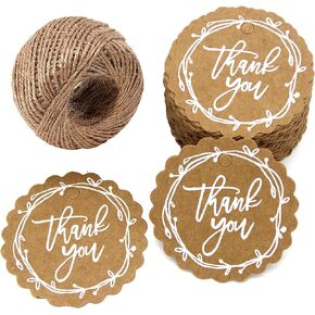 100 قطعة من علامات الهدايا ذات الكتابة على الجدران البيضاء، شكرًا لك مع سلسلة، بطاقات تعليق دائرية من ورق الكرافت مع خيوط الجوت بطول 100 قدم لحفلات الزفاف، وحفلات استقبال المولود الجديد، ومفضلات الحفلات (بني-2) in Kuwait