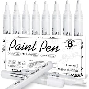 قلم طلاء أبيض للفنون - 8 عبوات من أقلام طلاء أكريليك بيضاء برأس متوسط ​​2-3 مم للخشب والصخور والورق الأسود والمعدن والبلاستيك والزجاج والقماش والسيراميك والبيض والإطارات واليقطين ومجموعة طلاء يدوية يدوية تعتمد على الماء in Kuwait