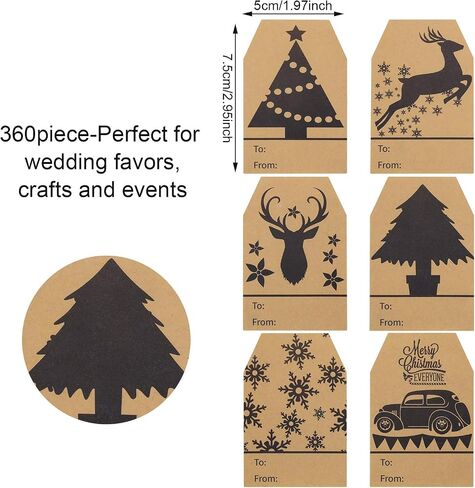 360 Pieces Christmas Kraft Tag Stickers Labels Xmas Gift Tags Holiday Present Stickers 2 x 3 Inch Tag Labels for Christmas Festival Presents Wrapping Supplies, 6 Designs in Saudi Arabia