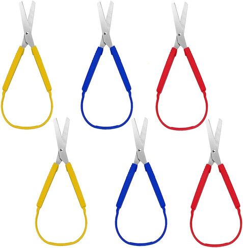6 قطع من مقص حلقي، مقص قبضة ملون، مقص تكيفي ذاتي الفتح مقاس 8 انش لذوي الاحتياجات الخاصة، للاطفال والكبار (احمر/اصفر/ازرق) in Kuwait