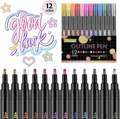 Double Line Outline Pens, 12 Colors Shimmer Outline Markers, Self-Outline Metallic Markers for Drawing, Greeting Card, Birthday Greeting, Christmas Greeting, DIY Art Crafts in Kuwait
