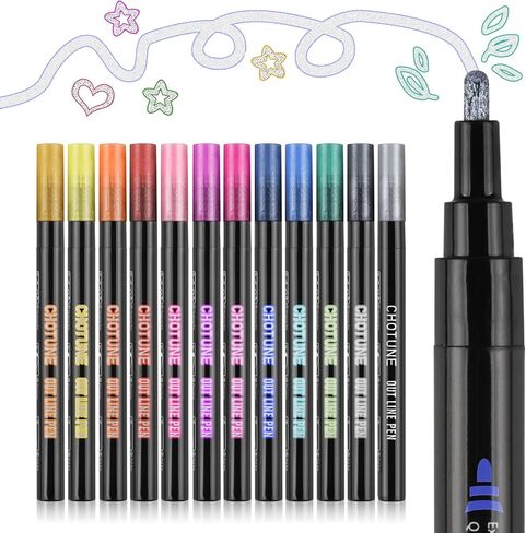 Double Line Outline Pens, 12 Colors Shimmer Outline Markers, Self-Outline Metallic Markers for Drawing, Greeting Card, Birthday Greeting, Christmas Greeting, DIY Art Crafts in Kuwait