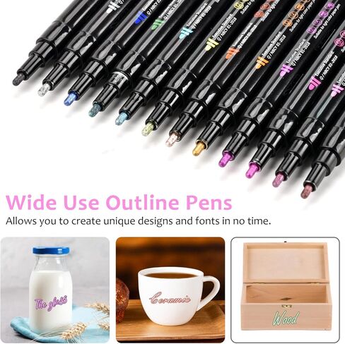 Double Line Outline Pens, 12 Colors Shimmer Outline Markers, Self-Outline Metallic Markers for Drawing, Greeting Card, Birthday Greeting, Christmas Greeting, DIY Art Crafts in Kuwait