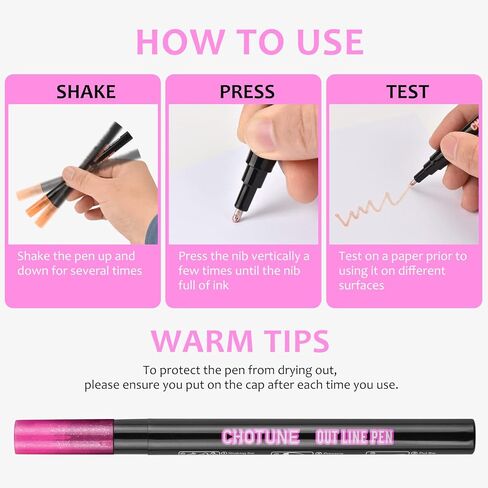 Double Line Outline Pens, 12 Colors Shimmer Outline Markers, Self-Outline Metallic Markers for Drawing, Greeting Card, Birthday Greeting, Christmas Greeting, DIY Art Crafts in Kuwait