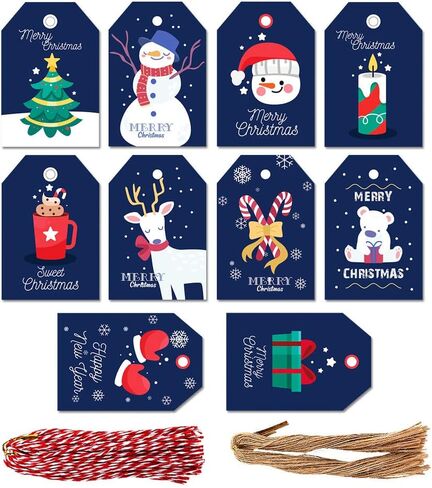 بطاقات هدايا ورقية لعيد الميلاد باللون الأزرق الداكن من Fedyufook مع خيط لتزيين الفنون والحرف في أعياد الميلاد لمستلزمات الحفلات - 10 تصاميم - 100 قطعة in Kuwait