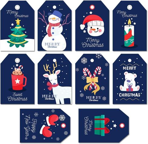 بطاقات هدايا ورقية لعيد الميلاد باللون الأزرق الداكن من Fedyufook مع خيط لتزيين الفنون والحرف في أعياد الميلاد لمستلزمات الحفلات - 10 تصاميم - 100 قطعة in Kuwait