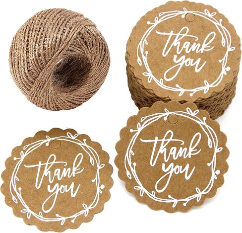 100 قطعة من علامات الهدايا ذات الكتابة على الجدران البيضاء، شكرًا لك مع سلسلة، بطاقات تعليق دائرية من ورق الكرافت مع خيوط الجوت بطول 100 قدم لحفلات الزفاف، وحفلات استقبال المولود الجديد، ومفضلات الحفلات (بني-2) in Kuwait