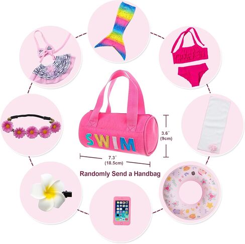 مجموعة ملابس وإكسسوارات الدمية للفتيات مقاس 18 بوصة من UNICORN ELEMENT مكونة من 11 قطعة، بما في ذلك ملابس السباحة الملونة على شكل حورية البحر، والهاتف المحمول، ودبوس الشعر، ودائرة السباحة، أرسل حقيبة بشكل عشوائي أم لا. in Kuwait