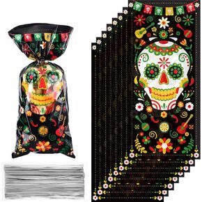 Outus 100 Pieces Day of The Dead Treat Bags, Black Día de Los Muertos Cellophane Plastic Candy Goodie Bags with 100 Silver Twist Ties for Halloween Decorations Day of The Dead Party Supplies in Kuwait